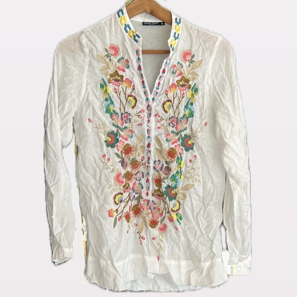 Classic Dor Dor Couture Tunic Top Womens Embroidered White Blouse Coastal Core